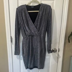 bebe Shimmering Silver Long Sleeve Dress